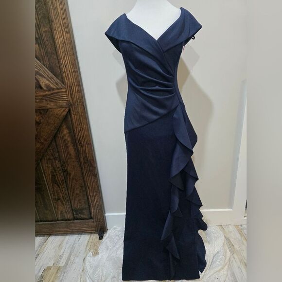 Xscape Long Scuba Off-The-Shoulder Ruffle Dress NWOT size 12 Navy Blue - Picture 3 of 5